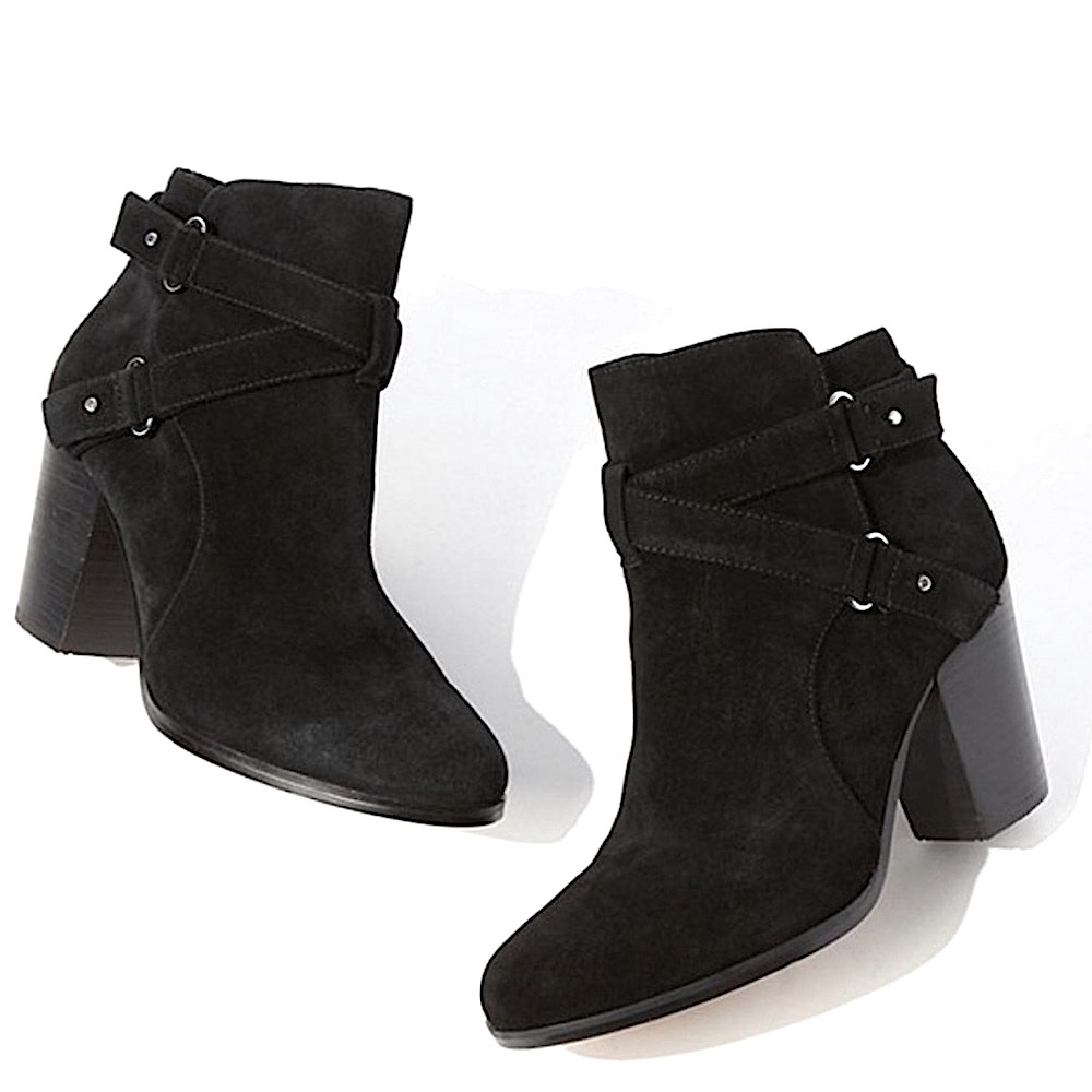 Gianni Bini Black Buckle-In Belted Suede Block Heel Booties, Women’s Size 5.5